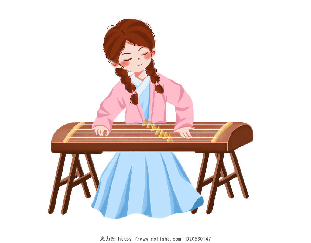 开心女孩弹奏古筝卡通人物PNG素材